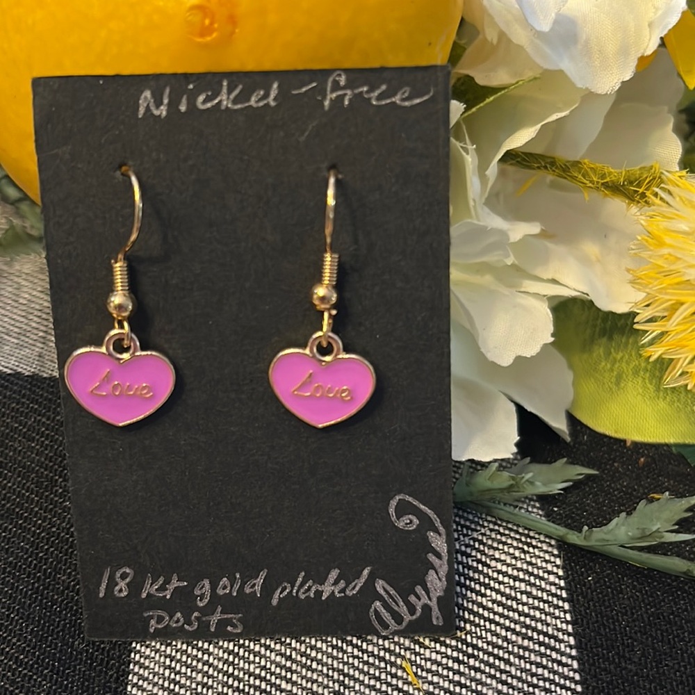 Valentine Earrings- hand made- pink with “Love”